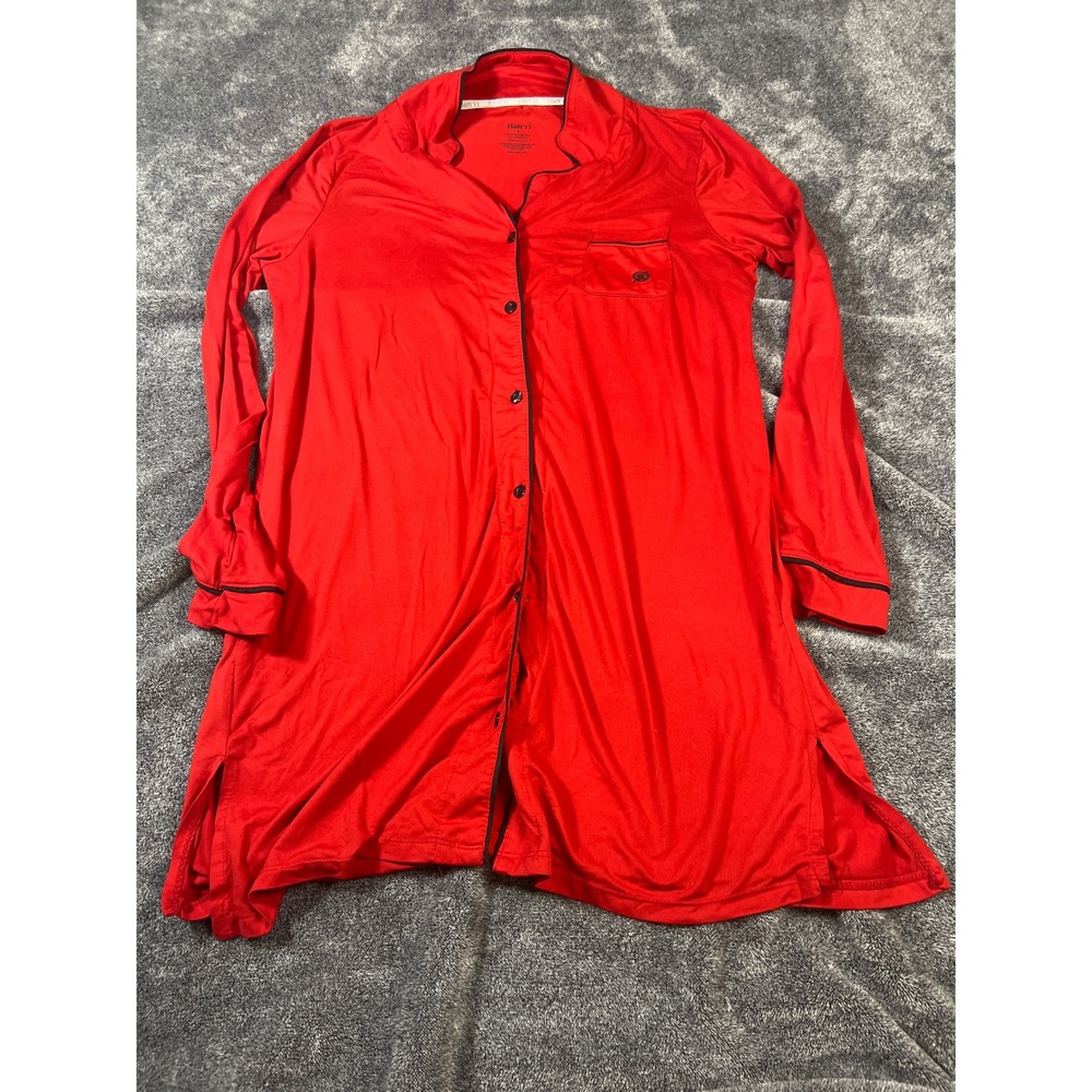 Born Womens Red Button Down Sleep Shirt Long Sleeve Nightgown Size L Piping